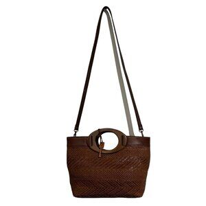 Vintage Fossil Shoulder Bag Wood‎ Handle Rattan Brown Woven Wicker Dbl Handle